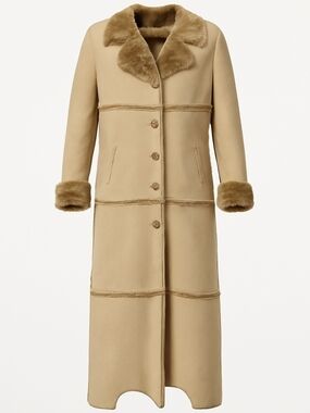 Brandon Thomas Tan Long Trench Coat with Faux-Fur Trim